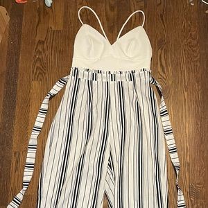 Floor Length Black and White stripped jump suit